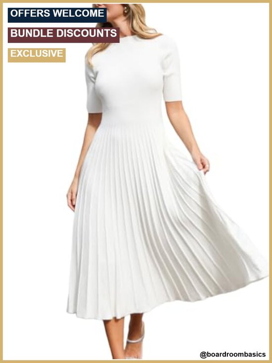Dresses & Skirts - Ribbed Knit Pleated A-Line Midi Sweater Dress Short Sleeve Round Neck